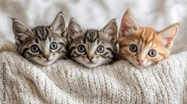 Fototapeta Three playful kittens peeking over a soft white blanket autumn hues