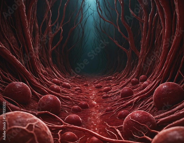 Obraz .Erythrocytes run through blood vessels, a view from the inside.