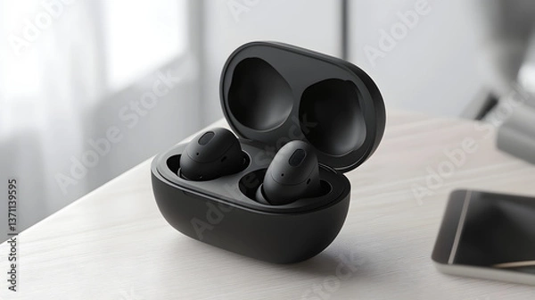 Fototapeta Wireless Earbuds and Charging Case: A sleek pair of wireless earbuds rests in its charging case, perfectly positioned on a modern surface, ready to enhance every moment.