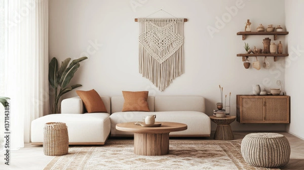 Obraz Interior design of oriental living room with beige macrame, coffee table, design furniture, shelf, carpet and elegant personal accessories in modern home decor.