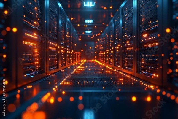 Obraz Data Center Server Room: Cutting-Edge IT Infrastructure with Networking and Cybersecurity Solutions