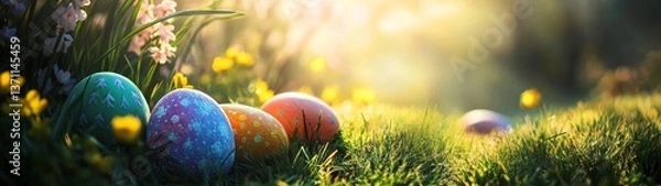 Fototapeta Colorful Easter Eggs in a Serene Garden Setting with Bright Flowers