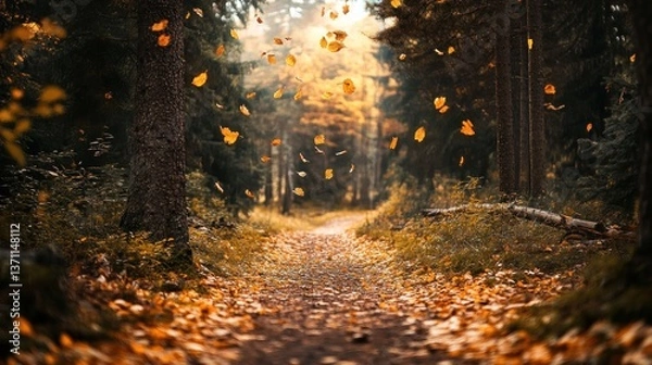 Fototapeta Falling Autumn Leaves on Forest Path Creating a Serene Nature Scene