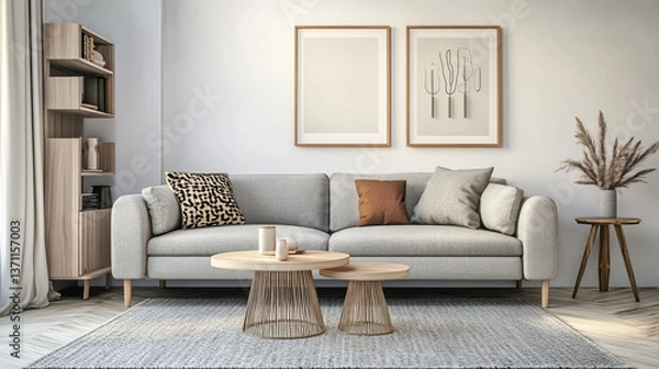 Fototapeta Stylish scandi interior of home space with design grey sofa and retro small table. Living room with design accessories and mock up poster frame. Elegant decor. Brown wooden parquet with modern carpet.
