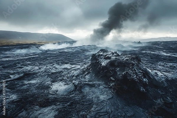 Fototapeta A volcanic landscape with blackened rocks and ash, the ground still warm from recent eruptions. Steam rises from fissures, creating an eerie and otherworldly atmosphere