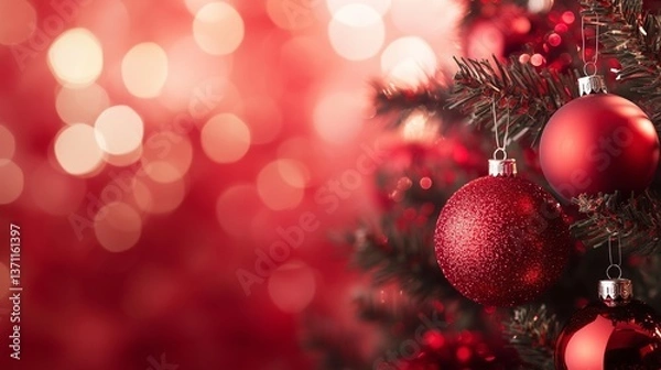 Fototapeta Red christmas tree with shiny balls. Christmas tree with a christmas tree on the background. Red text balls in the space. Crimson christmas tree adorned with sparkling lifestyle ornaments.