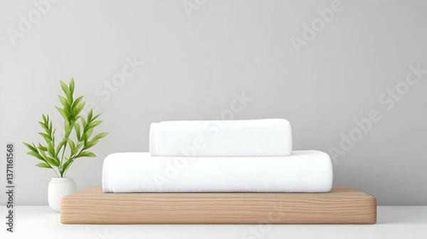 Obraz Two white towels stacked on light wood, beside small plant