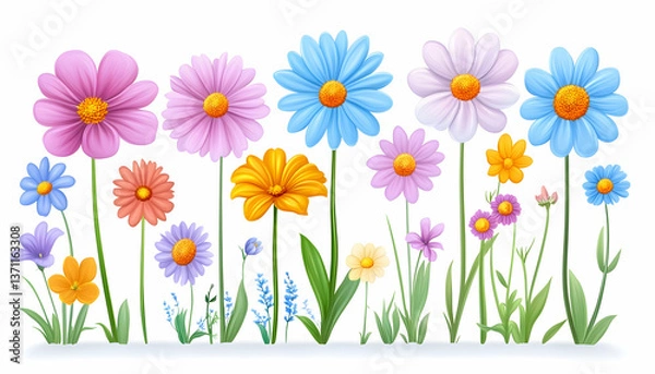 Fototapeta Vibrant colorful flowers in a row, various sizes and types