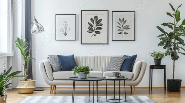 Fototapeta Interior design of stylish living room with modern neutral sofa, mock up poster farmes, dried flowers in vase, coffee tables, decoration and elegant personal accessories in home decor. Template.