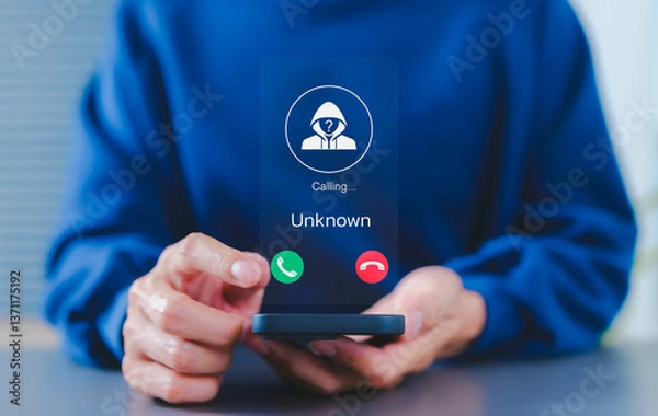 Obraz Fraud and phishing concept. Man holding mobile phone with incoming call from unknown caller. scammer or stranger, Hoax person with fake identity, Prank caller, anonymous, smartphone, unwanted, spam,