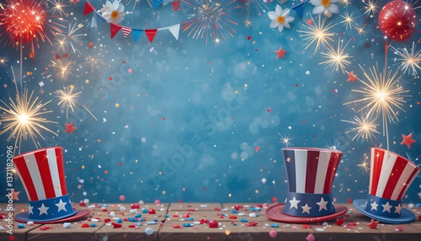 Obraz 4th of July Background Fireworks  USA Hats