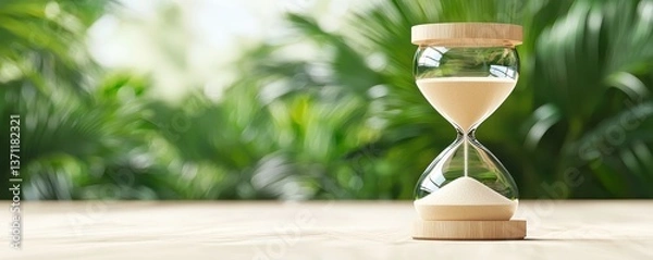 Fototapeta Elegant glass hourglass timer on wooden table against a lush tropical background representing the passage of time
