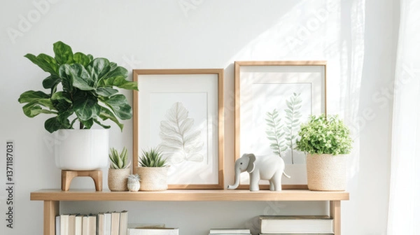 Fototapeta Stylish scandi home interior with two brown wooden mock up photo frames with books, beautiful plants in vase, elephant figure and home accessories. Minimalistic concept of white room decor.