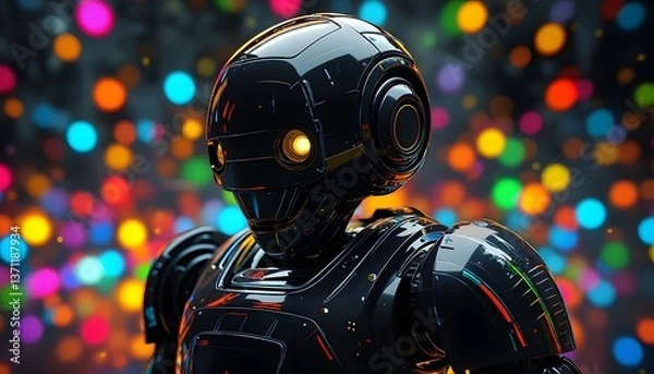 Fototapeta Futuristic Robot  AI  Cyborg  Shiny  Tech  Bokeh Lights
