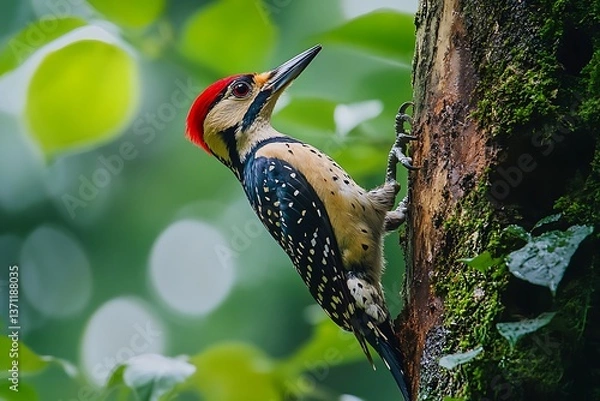 Fototapeta A woodpecker tapping on a tree trunk in a dense forest, surrounded by thick foliage and the sounds of the wilderness