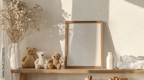 Fototapeta Stylish scandinavian nursery shelf with mock up photo frame, bottle with milk, teddy bears and wooden toys. Modern interior with white walls and wooden accessories..