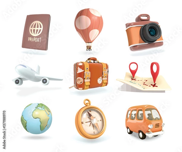 Fototapeta Travel Tourism 3d icon set with suitcase, compass, minivan. Holiday Vacation isolated vector 3d illustration set.