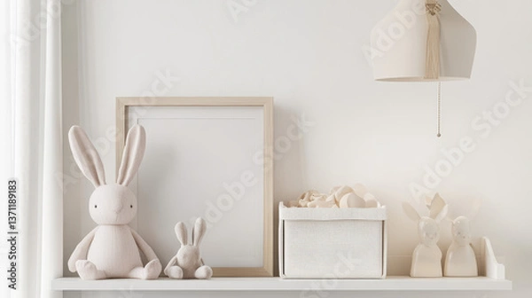Fototapeta Stylish nursery shelf with mock up photo frame, plush rabbit, box for accessories. White background wall with cotton lamps.. 