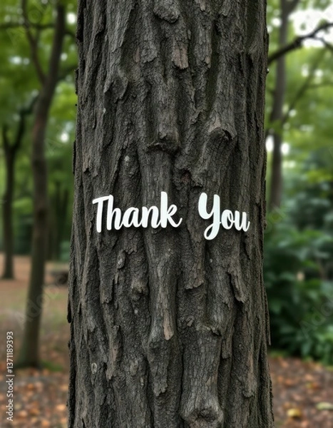 Fototapeta Expressions of gratitude displayed on a tree trunk in a serene park setting during autumn foliage