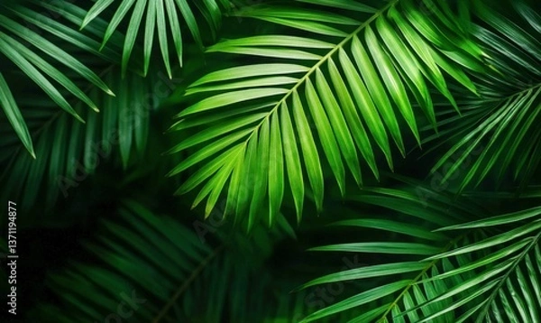 Fototapeta Lush green palm leaves create a vibrant tropical backdrop, perfect for adding natural elegance.