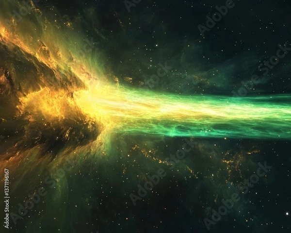 Fototapeta A vivid depiction of a cosmic scene with swirling green and yellow clouds, resembling a nebula, set against a starry background