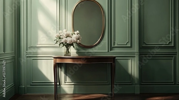 Fototapeta Elegant Interior with Green Panel Walls Wooden Console Table Oval Mirror and Floral Arrangem