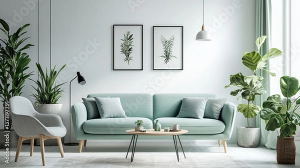 Fototapeta Stylish scandinavian living room interior with design mint sofa, furnitures, mock up poster map, plants, and elegant personal accessories. Home decor. Interior design. Template. Ready to use. 
