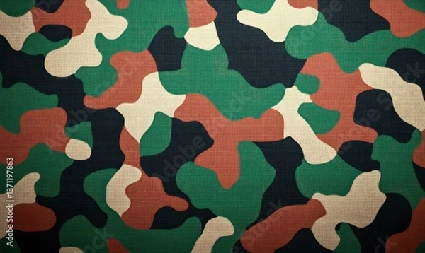 Fototapeta Detailed camouflage pattern in green, brown, tan, and black creates a textured and modern background.
