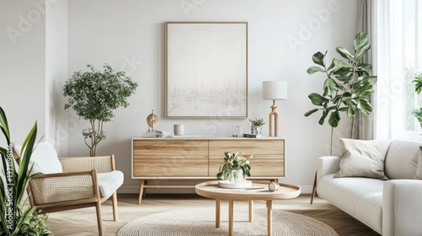 Fototapeta Interior design of living room at nice scandinavian apartment with stylish commode, watering can, abstract paintings, plant and elegant accessories. Modern home decor. Template. Mock up. White walls.