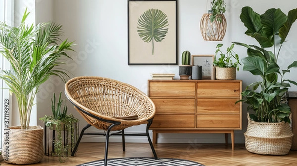 Fototapeta Modern scandinavian living room interior with mock up poster frame, design commode, plants, rattan armchair, book and elegant accessories in stylish home decor. Template. 