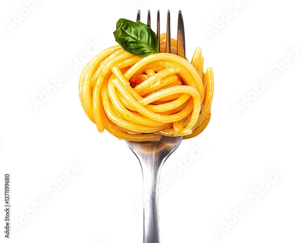 Fototapeta Close-up of Golden Yellow Pasta on a Fork with Basil, PNG