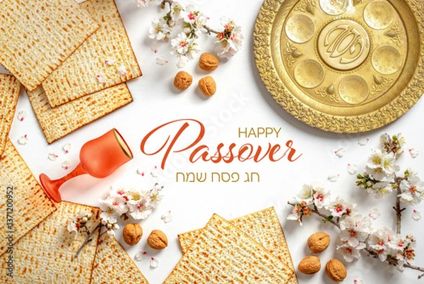 Obraz Matzo with almond flowers. On a white background. Pesach (jewish Passover holiday) Banner