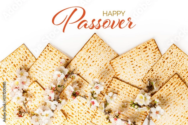Obraz Matzo with almond flowers. On a white background. Pesach (jewish Passover holiday) Banner