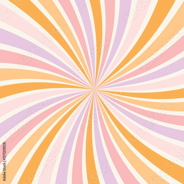 Fototapeta Abstract background with swirling rays in a retro 70s style.Groovy. Bright pastel stripes create a dynamic effect. Suitable for backgrounds, banners, greeting cards, and design.