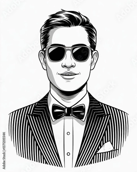 Fototapeta  black and white illustration of a man with a confident expression. He has short, neatly styled hair and is wearing dark sunglasses. His facial features are sharp, with a prominent jawline and a sligh