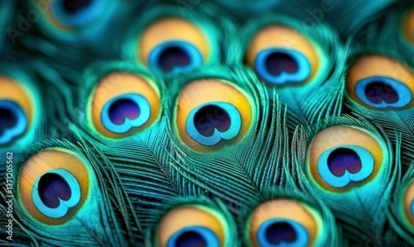 Fototapeta An intricate close-up showcases the vibrant, iridescent details of peacock feathers.