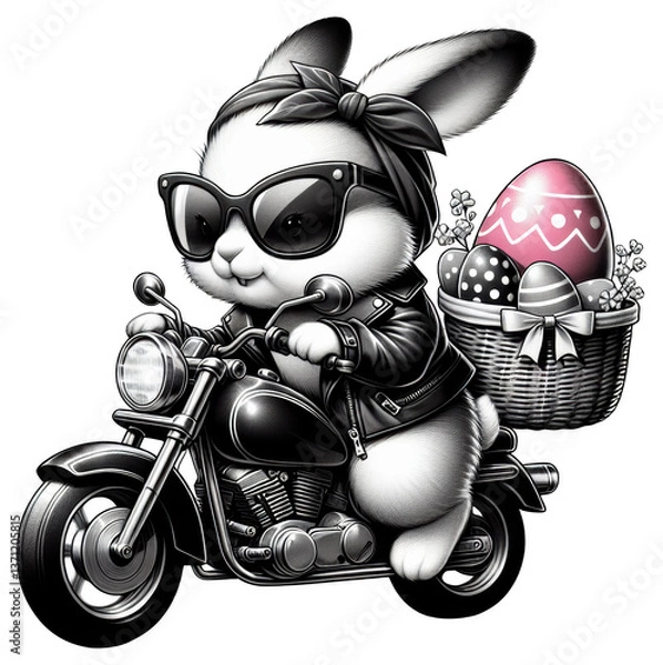 Fototapeta Biker bunny boy with bow and shades rides motorcycle with Easter basket—ideal for edgy spring ads, greeting cards, or fun sublimation merch.
