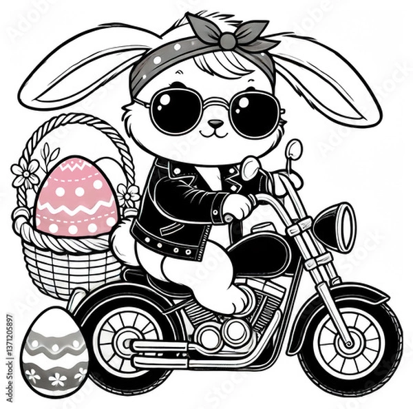 Fototapeta Biker bunny girl with bow and shades rides motorcycle with Easter basket—ideal for edgy spring ads, greeting cards, or fun sublimation merch.