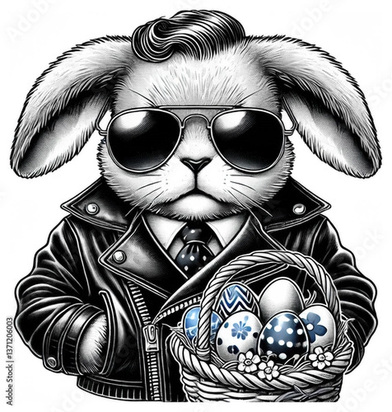 Fototapeta Cool bunny boy in leather jacket and shades holds Easter basket—perfect for edgy spring ads, greeting cards, or holiday easter sublimation.