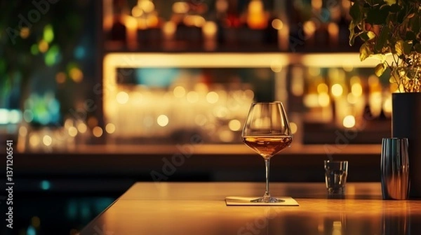 Fototapeta Glass of wine on a bar counter. Modern style of the modern home. Interior bar with a tv and a bar. A wine glass resting on the bar lifestyle countertop.