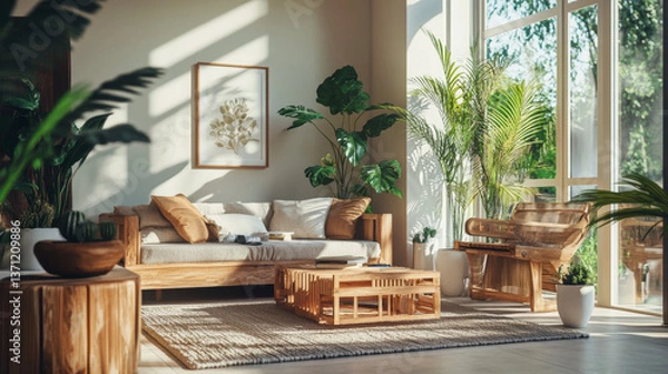 Fototapeta Close up of stylish brown wooden square with beautiful plants in white pots at modern interior of living room with design furnitures and accessories. Bright and sunny home space. Home decor. Template