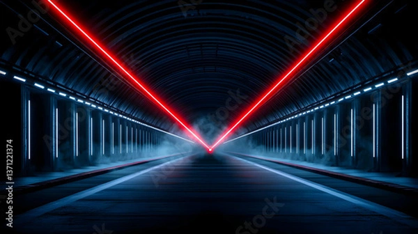 Fototapeta Abstract Futuristic Neon Tunnel With Red And Blue Lights