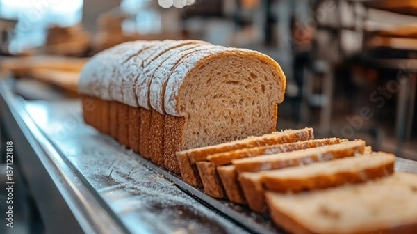 Obraz Golden Brown Sliced Bread Loaf on Conveyor Belt