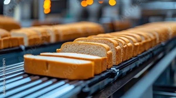 Obraz Freshly Sliced Bread on a Conveyor Belt in a Modern Bakery