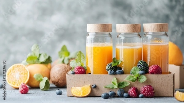 Fototapeta Fresh fruit juices in glass bottles