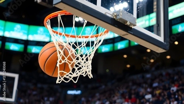 Fototapeta Basketball going through hoop and net in indoor arena with blurred spectators. Successful score concept.