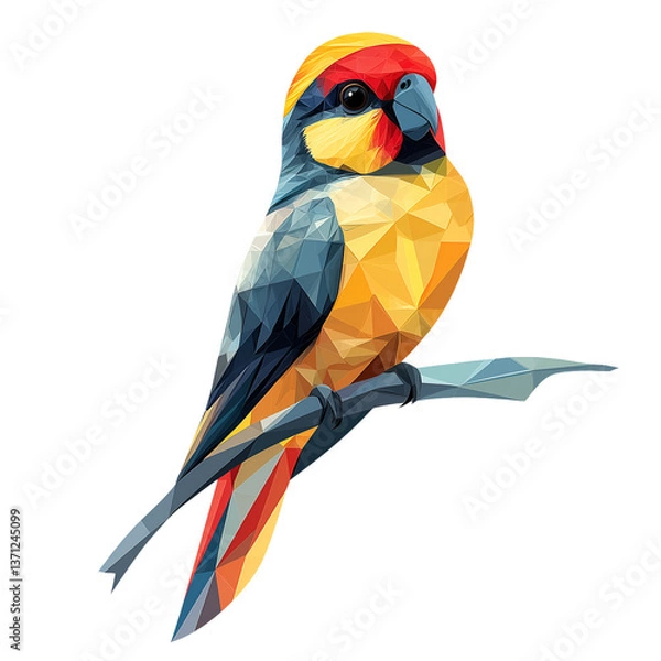 Fototapeta A vibrant and geometric illustration of a colorful bird perched on a branch. The bird is composed of polygonal shapes in bold hues. Set against a transparent background.