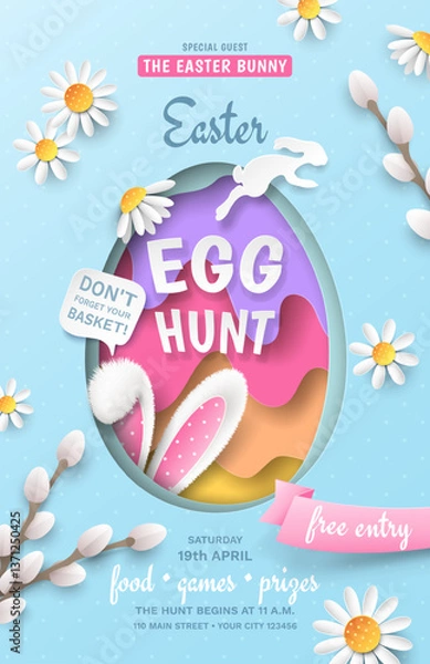 Obraz An Easter egg hunt vector poster with fluffy rabbit ears, a pink ribbon, paper chamomiles, willow sprigs, and an egg cut out of coloured paper on a blue background. Festive template for flyers
