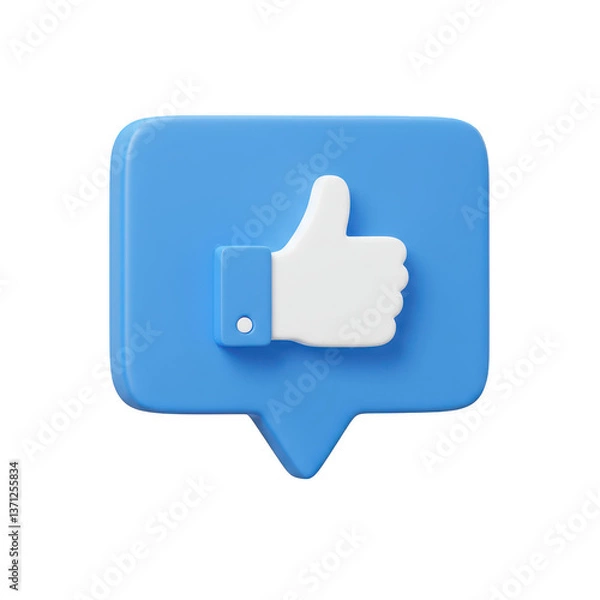 Fototapeta A 3D illustration of a blue chat bubble with a white thumbs-up icon inside isolated on transparent background