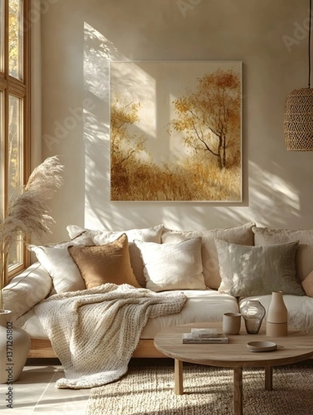 Fototapeta Cozy loveseat sofa near round accent coffee table. Scandinavian home interior design of modern living room in farmhouse.
